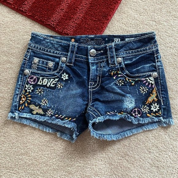 Miss Me 24 Signature Short Denim Hippie Peace Love Rhinestone Accented - Picture 7 of 10